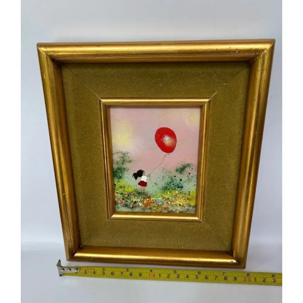 VNT LOUIS CARDIN SIGNED ENAMEL ON COPPER FRAMED PAINTING GIRL WITH RED BALLOON